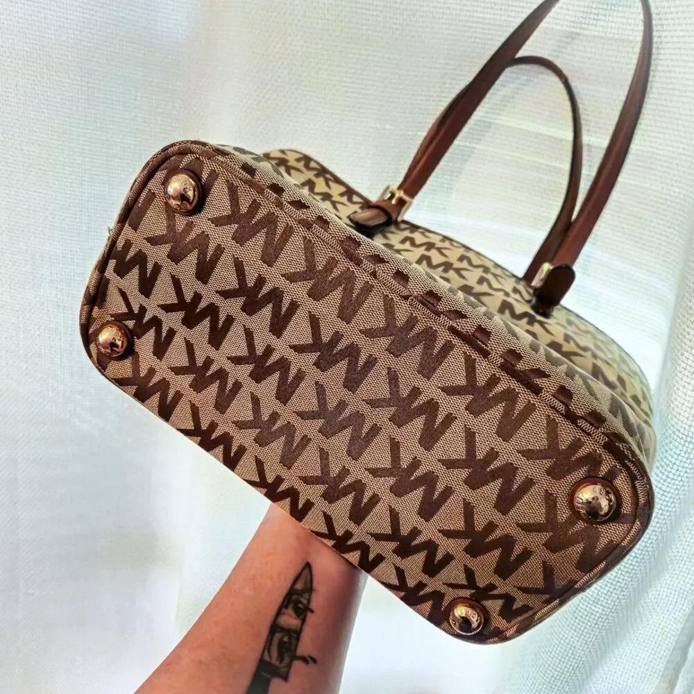 Michael Kors MK Signature Tote Bag Beige Brown Leather Shoulder Bag